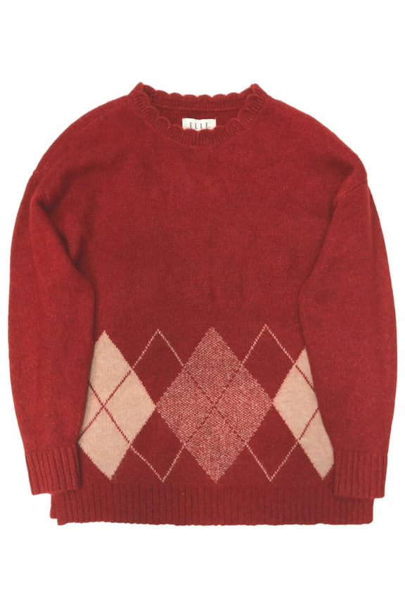 Womens Soft Red Argyle Pull-Over Sweater Top X-Large