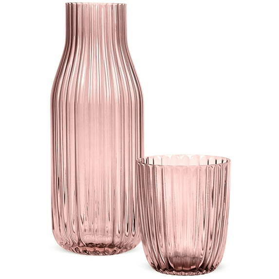 Elle decor Ribbed Bedside Water Carafe with Tumbler Set, Ribbed Glass Pitcher and Matching Drinking Glass, 39-Ounce, Pink