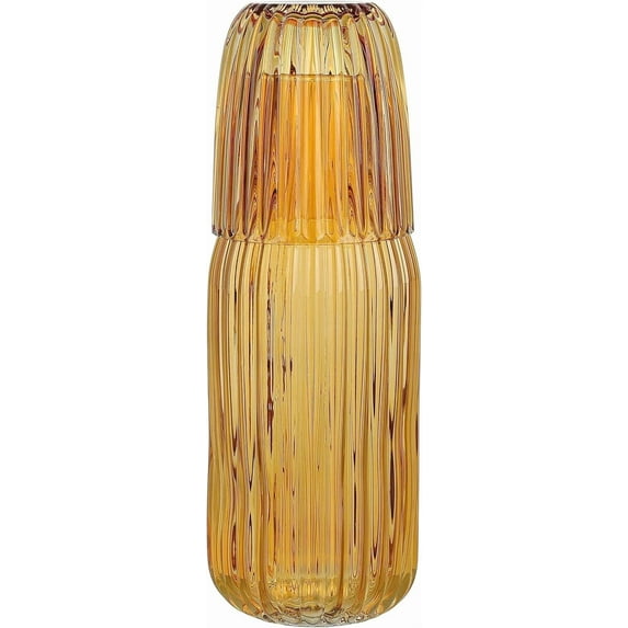 Elle decor Ribbed Bedside Water Carafe with Tumbler Set, Ribbed Glass Pitcher and Matching Drinking Glass Doubles as Lid, 39-Ounce, Amber