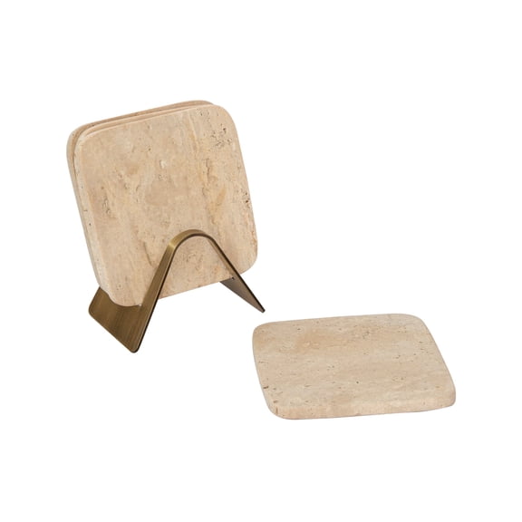 Ellementry Ceramic Coaster Set with Holder – 4 Pack Handcrafted Drink Coasters for Table Protection – Premium Travertine Square Design – Sturdy Bar Accessories for Coffee Table & Desk