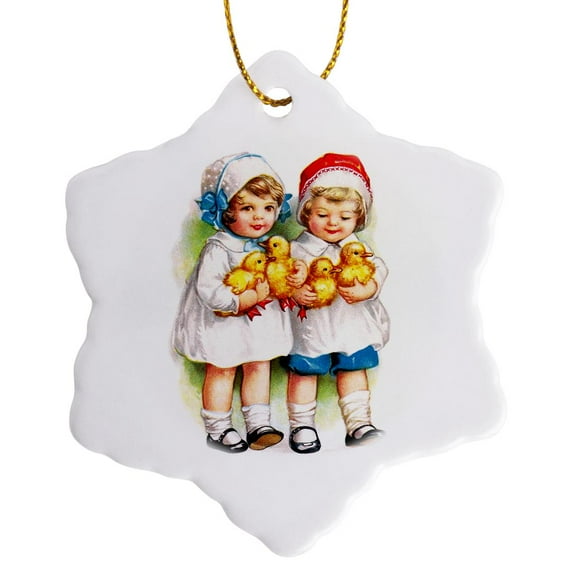 3drose, Ellen Clapsaddle – Boy and Girl Holding Chicklets, 3 inch Snowflake Porcelain Ornament