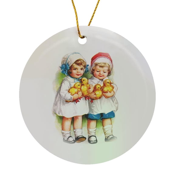 3drose, Ellen Clapsaddle – Boy and Girl Holding Chicklets, Circle Porcelain Ornament