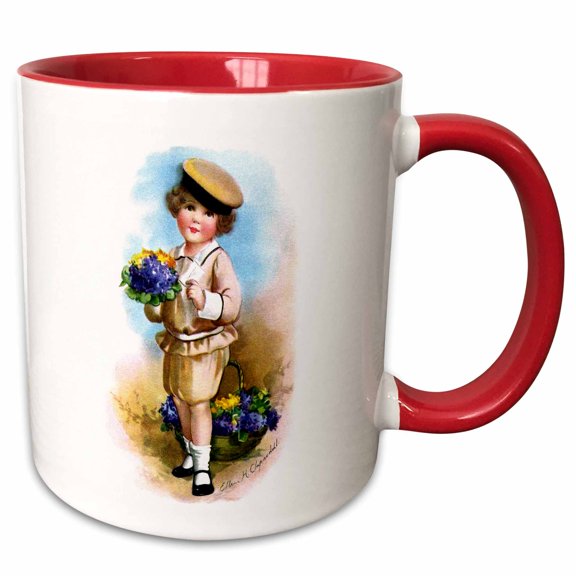 3drose, Ellen Clapsaddle – Boy with Card and Flowers, 11oz Two-tone Red Mug