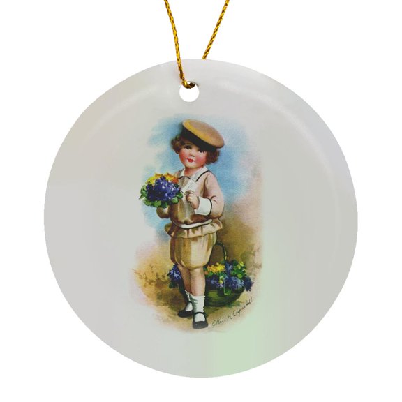 3drose, Ellen Clapsaddle – Boy with Card and Flowers, Circle Porcelain Ornament