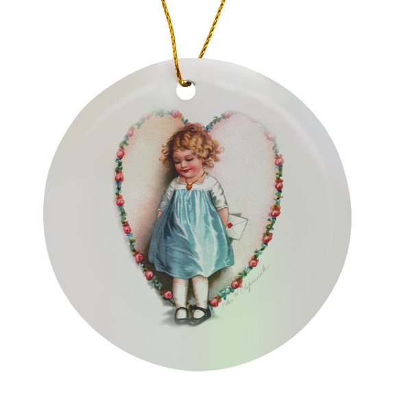 3drose, Ellen Clapsaddle – Girl in Flower Heart with Letter, Circle Porcelain Ornament