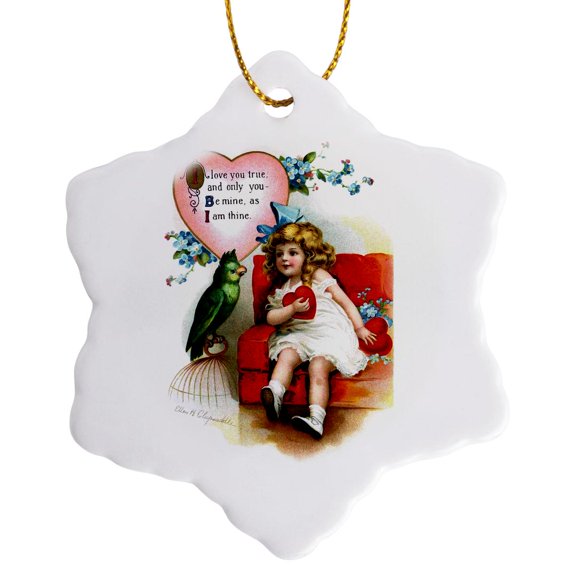 3drose, Ellen Clapsaddle – Girl with Parrot, 3 inch Snowflake Porcelain Ornament