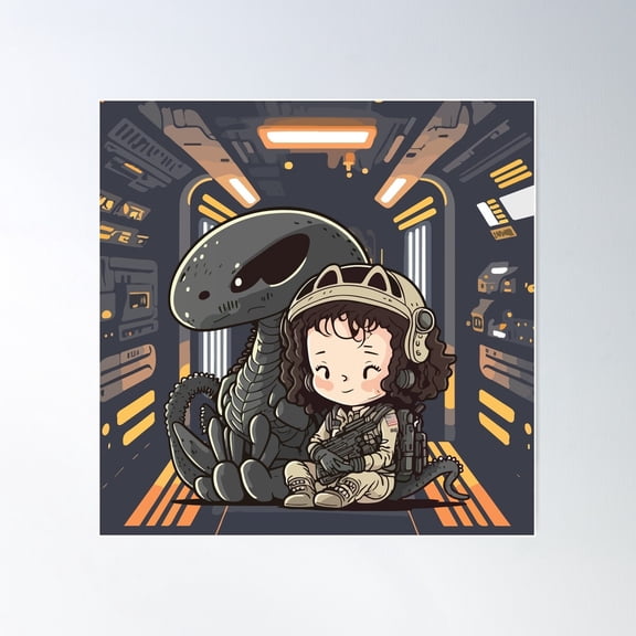 Ellen Ripley And The Xenomorph Cute And Chibi Version Of Alien Poster Wall Art, Modern Wall Decor For Living Room Bedroom, 30x30 UNFRAMED