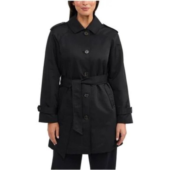 Ellen Tracy BLACK Women's Coated Gab Trench w/ Polyfill Insulation, US Small