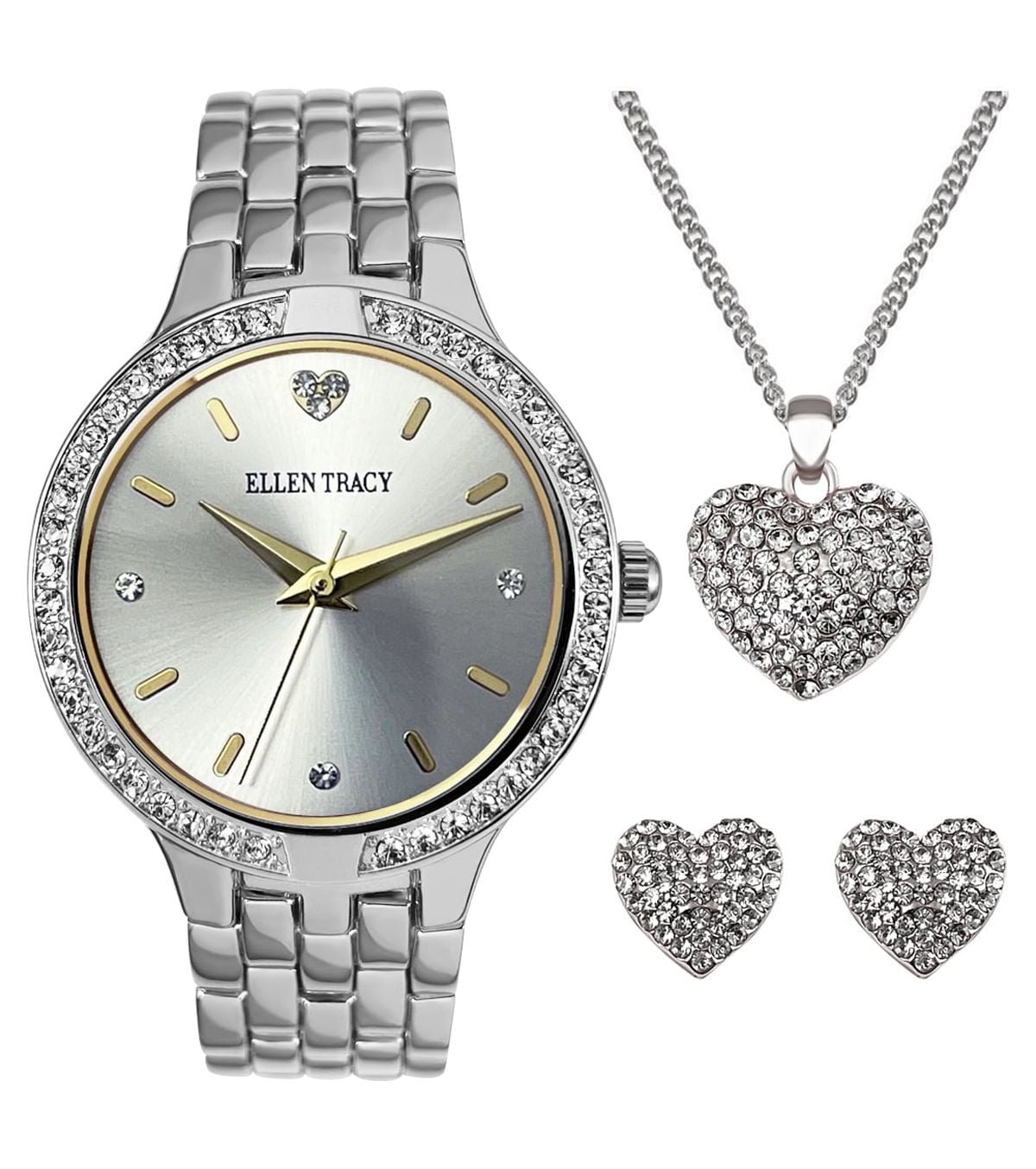 Ellen Tracy Crystal Watch Pave Heart Pendant Earring Set