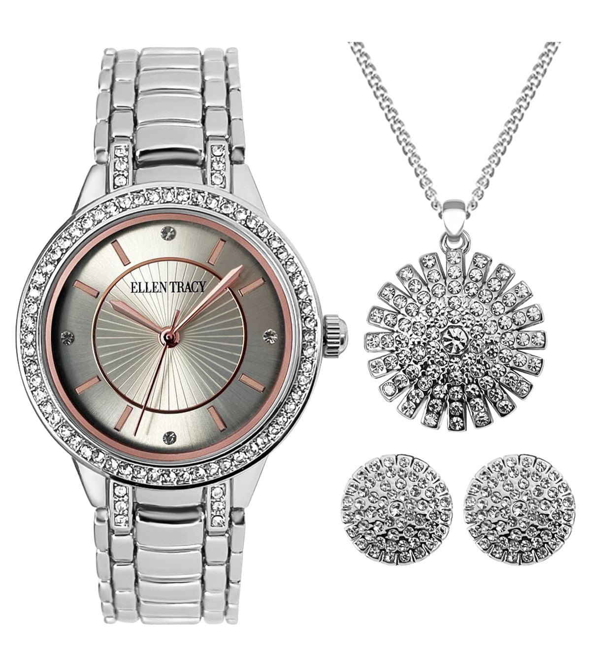 Ellen Tracy Crystal Watch & Pave Pendant & Earring Set Silver Rose Gold