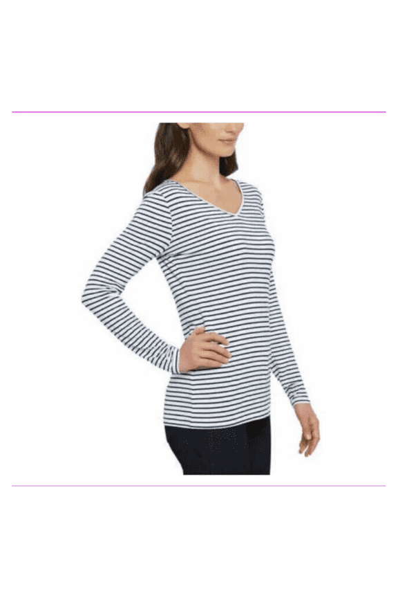 Ladies' 2-Way Crew/V-Neck Versatile Reversible Long Sleeve Tee Shirt (XX-Large, Navy/White Stripe)