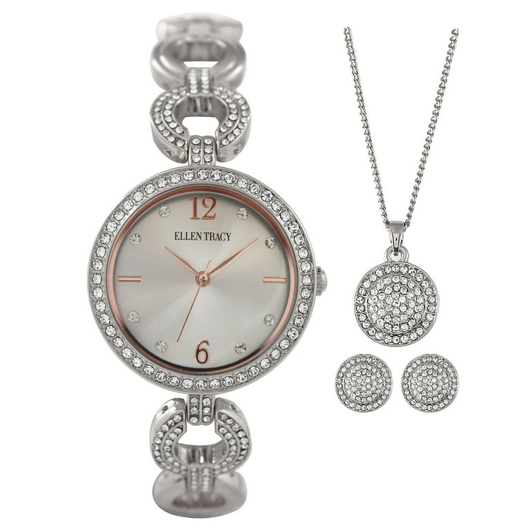 Ellen Tracy Womens Watch & Bracelet Set with Crystal Embellishment