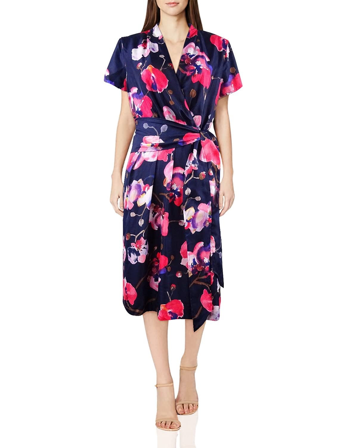 Ellen Tracy Women's Short Sleeved Printed Wrap Fit and Flare, Navy Multi, 2  - Walmart Business Supplies