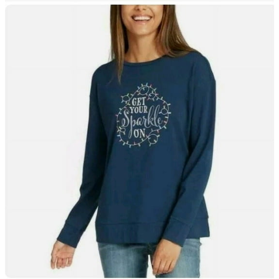 Ellen Tracy Women's Soft French Terry Get Your Sparkle On Holiday Long Sleeve Top - (Navy Blue, Small)