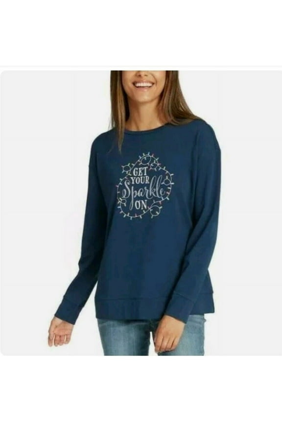 Women's Soft French Terry Get Your Sparkle On Holiday Long Sleeve Top - (Navy Blue, Small)