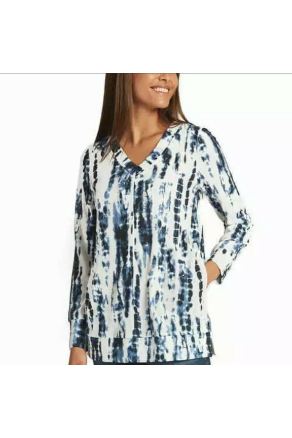 Women's V-Neck Tunic Blue & White Tie Dye (TIE DYE, Small)
