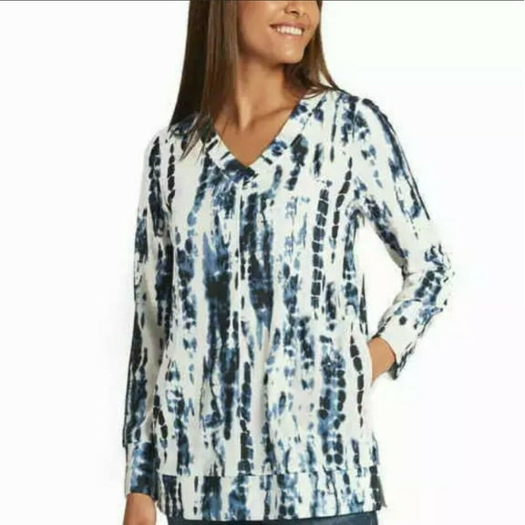 Ellen Tracy Women's V-Neck Tunic Blue & White Tie Dye (TIE DYE, Small)