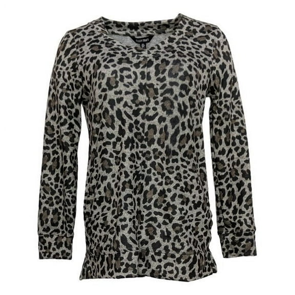 Ellen Tracy Womens Cozy V-neck Black Brown Animal Print Long Sleeve M