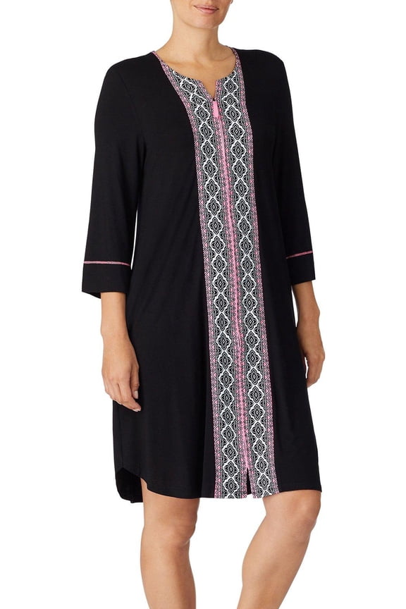 Womens Stripe Diamond Short Zipper Nightgown