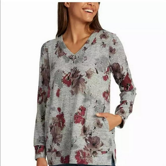 Ellen Tracy Womens Tunic Shirt (Romace Gray Floral, Medium)