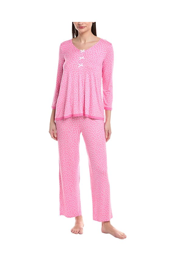 womens 2pc Cropped Sleeve Top and Cropped Pant PJ Set, m, Pink