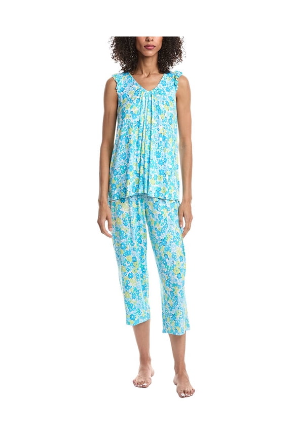 womens 2pc Top & Cropped Pant Pajama Set, l, Blue