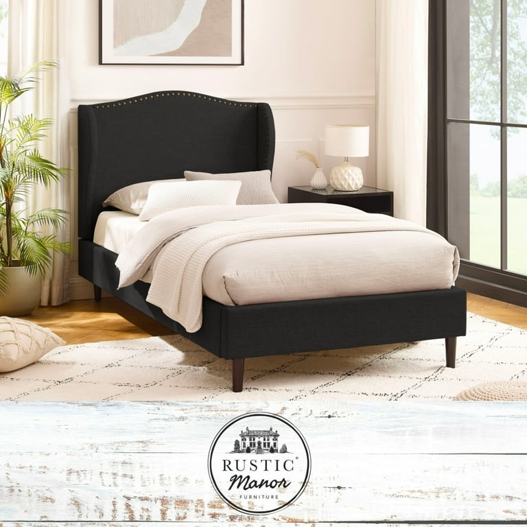 Upholstered headboard with online dark wood trim