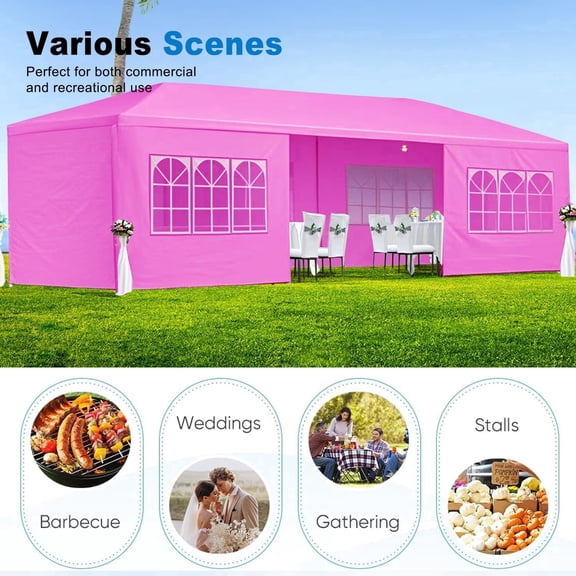 Elleree 10x30ft Pop Up Wedding Party Canopy Tent for Outside with 8 Side Walls, Outdoor Gazebo Shelter with Roller Bag,Wind & Waterproof,Pink