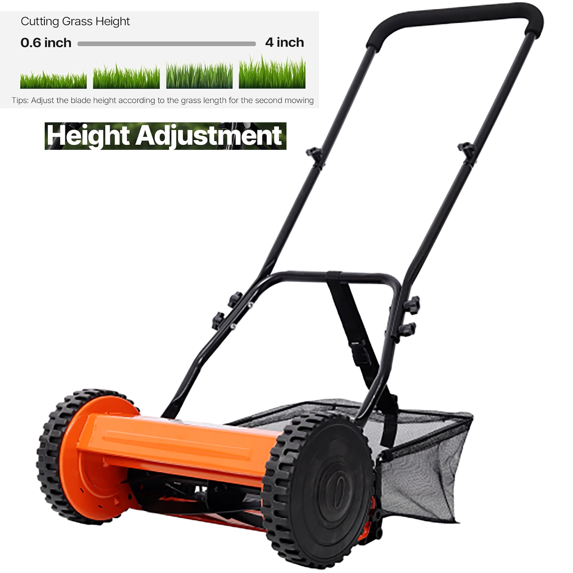 Elleree 14 inch  Push Reel Lawn Mower,5 Blades Manual Push Mower with Bagger for Green Lawns,Driveways,Courtyards,Adjustable Cutting Height