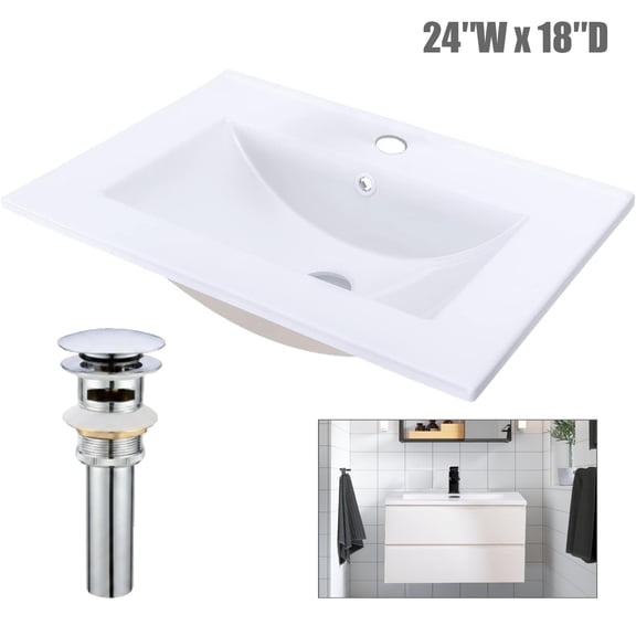 Elleree 24"x18.5" Ceramic Drop-In Bathroom Vessel Sink with Drain,White Porcelain Integrated Vanity Top with Single Hole & Overflow, Replacement for 24-Inch Cabinets