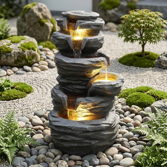 Elleree 25.6" Waterfall Fountain with Lights,4-Tier Stacked Rock Cascading Water Fountain for Outdoor Patio Yard Garden & Porch Landscape Decor