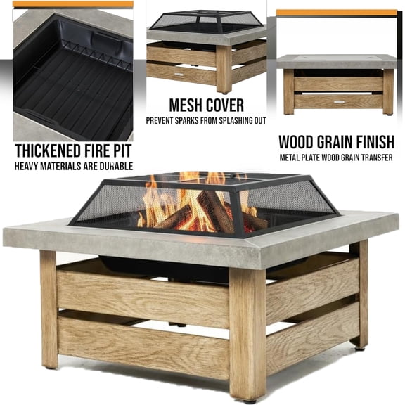 Elleree 34" Firepits for 0utside Patio,Wood Burning Fire Pit Table with Mesh Cover & Fire Poker ,Ceramic Tile Tabletop Outdoor Fireplace Fire Table