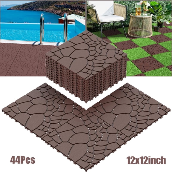 Elleree 44x Deck Tiles Interlocking Outdoor All Weather,12" x 12" Waterproof Patio Balcony Flooring Decking Tiles for Porch Poolside Backyard