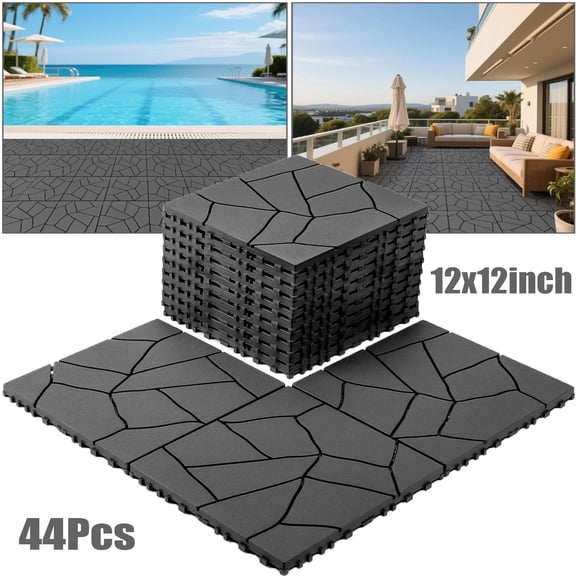 Elleree 44x Interlocking Deck Tiles Outdoor All Weather,12" x 12" Waterproof Flooring Tiles for Porch Poolside Backyard Shed