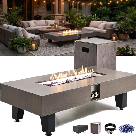 Elleree 54”Outdoor Propane Gas Fire Pit Table with Wind Rain Guard Cover,50000BTU Stainless Steel Rectangular Firepit Heater for Outside Patio Backyard, Deck