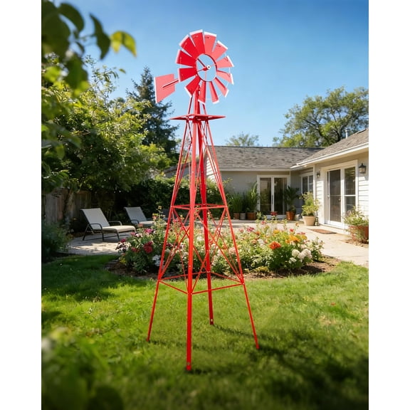 Elleree 8ft Red Ornamental Windmill for Yard Backyard Lawn Farm Decoration Weather Vane,Large Metal Outdoor Garden Wind Mills w/ 4 Legs Design