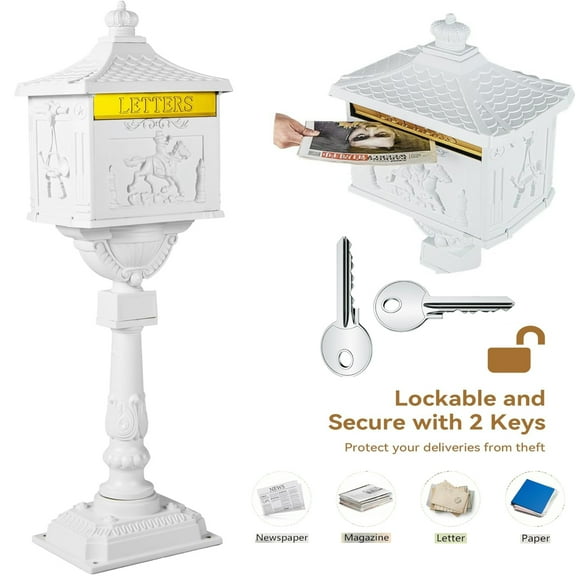 Elleree Cast Aluminum Mailboxes for Homes with Post & Lockable Security Baffle Door,White Retro Mail Box Postal Box Outside