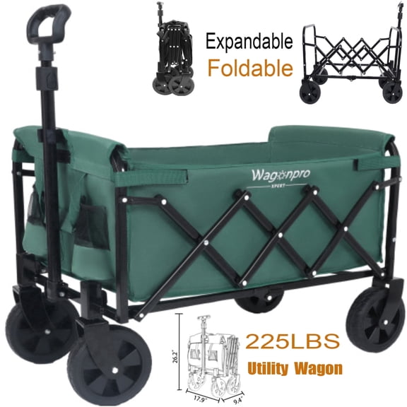 Elleree Folding Push Wagon Cart with Wheels,Heavy Duty Utility Big Bucket Beach Cart with Double Fabric Pockets for Outdoor Garden Camping Fishing Green