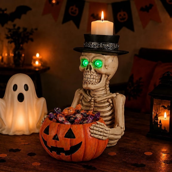 Elleree Halloween Skeleton Figurine, Gothic Resin Skull Head Tabletop Decor with LED Glowing Green Eyes, Candle Holder & Pumpkin Candy Bowl for Indoor Party Decoration