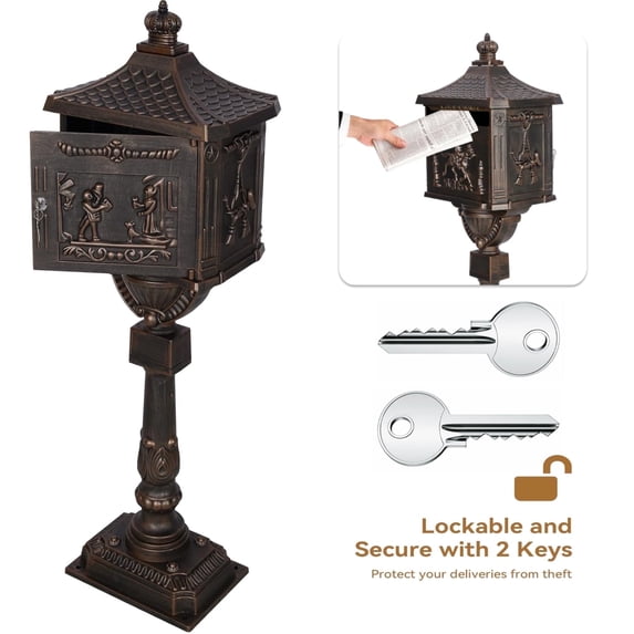 Elleree Cast Aluminum Mailbox with Post Large Antique Bronze Aluminium Locking Pedestal Mailboxes, Fade Proof