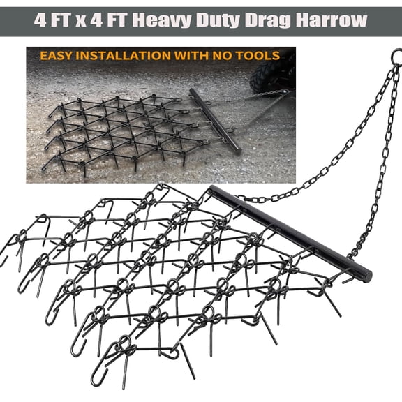 Elleree Steel Heavy Duty Drag Harrow for ATV UTV Tractor,4 FT x 4 FT Soil Leveling Chain Harrow for Soil Preparation, Seeding, Smoothing Landscapes