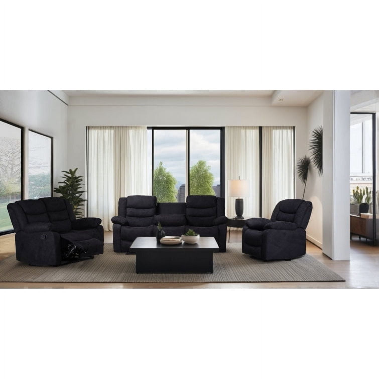 3 Piece Fabric Manual Reclining Living Room Sofa Set, Sofa, Loveseat ...