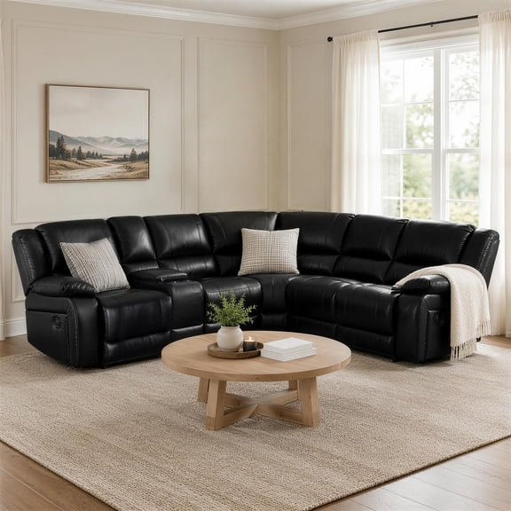 Ellesophas 6-Piece Faux Leather Sectional Sofa, L-Shaped Couch with Storage Console and Cup Holders, Modular Sectional for Living Room