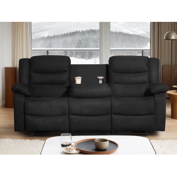 Ellesophas 81" Fabric Manual Reclining Sofa with Wide Armrests, Drop-Down Table, Cup Holders and Removable Backrest, Black
