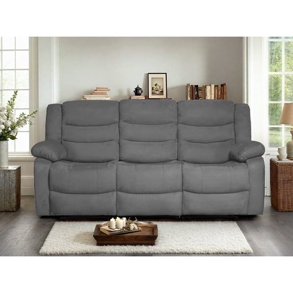 Ellesophas 81" Fabric Manual Reclining Sofa with Wide Armrests, Drop-Down Table, Cup Holders and Removable Backrest, Gray