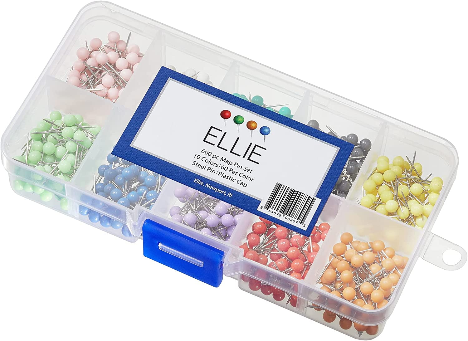 Ellie 3000 Piece Map Marker Pin Tacks - Tiny Bead-Head Push Pins (10 Assorted Colors, 3000 Count)