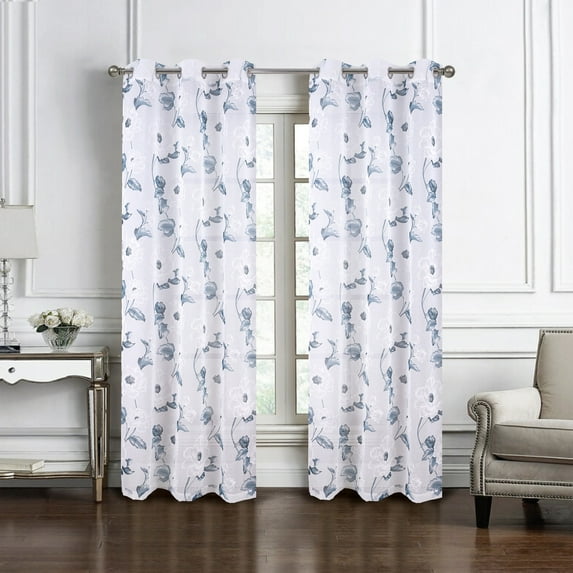 Ellie Floral Sheer Window Curtain Panel 84 inch or 95 inch 54" x 84" - 84 Inches - Jillian - Blue