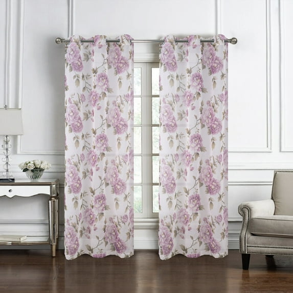 Ellie Floral Sheer Window Curtain Panel 84 inch or 95 inch 54" x 95" - 95 Inches - Ellie - Lilac