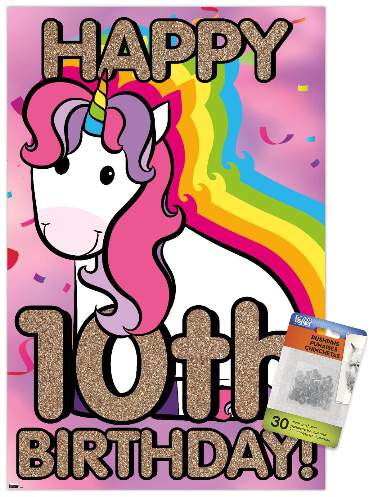 Ellie Ripberger Unicorn - Happy 10th Birthday Wall Poster with Pushpins, 14.725" x 22.375"