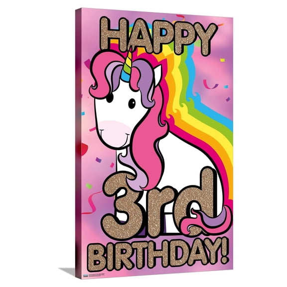 Ellie Ripberger Unicorn - Happy 3rd Birthday Canvas Wall Poster, 22.375" x 34"